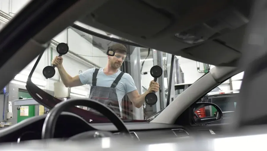 Technicien installant un pare-brise neuf avec ventouses de pose