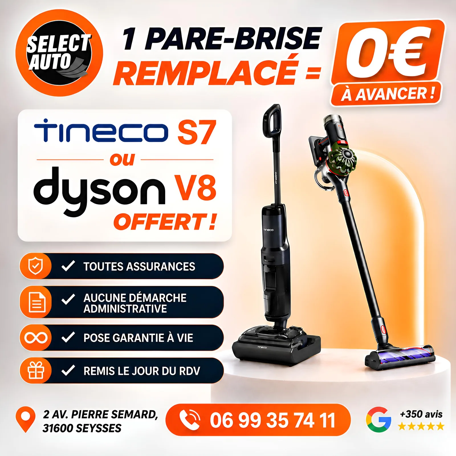 Offre remplacement de pare-brise : aspirateur Tineco S7 ou Dyson V8 offert
