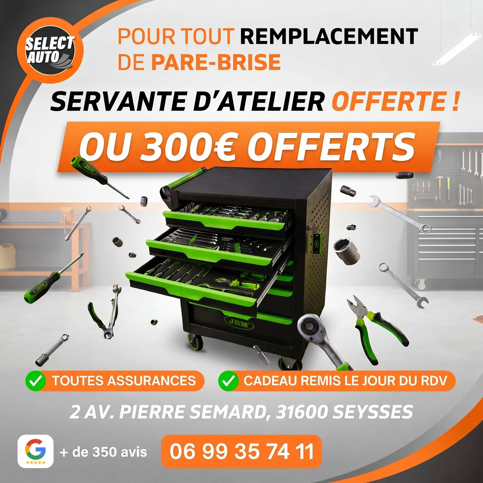 Offre remplacement de pare-brise : servante d'atelier offerte ou 300 € offerts